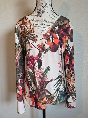 Floral Long-Sleeve V-Neck Top - Cream with Multicolor Bloom